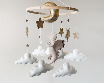 Baby dragon mobile for nursery, Baby shower gift for newborn, Crib baby mobile girl, Boy nursery decor, Moon and stars baby mobile