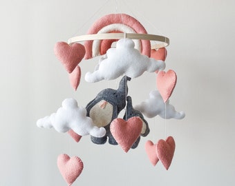 Elephant Baby Mobile: Felt Rainbow, Hearts Nursery Decor