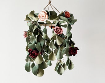 Rose Baby Mobile, Flower Baby Mobile, Felt Flower Mobile, Floral Mobile Nursery, Crib Mobile Leaves, Crib Mobile Flowers, Rose Nursery Decor