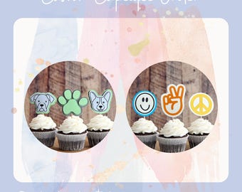 May include: Six chocolate cupcakes with white frosting topped with decorative paper toppers. The text Custom Cupcake Order and Revelry Handcrafted appears. The toppers feature a dog face, a green paw print, a dog face, a smiley face, a peace sign, and a peace symbol.