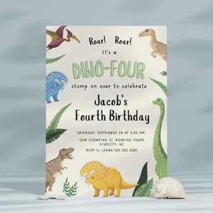 Invito per il quarto compleanno di Dino, invito per la festa del quarto compleanno di Dino, invito per il compleanno dei dinosauri, modello di invito per il quarto compleanno, download immediato
