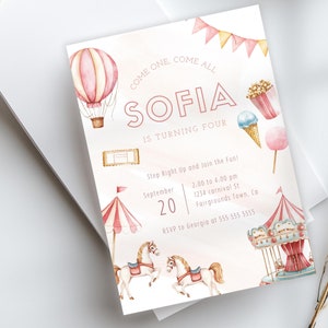 Pastel Carnival Birthday Invitation,Circus Birthday Invitation,Editable Carnival Invite,Pink Carnival Theme Party Printable, Carousel Invite