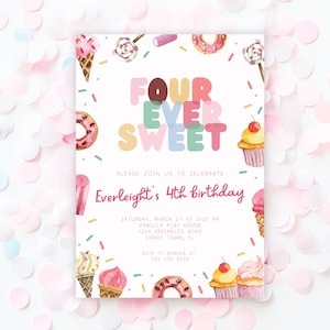 Forever Sweet Birthday, Invitation Four Ever Sweet Birthday, Girl 4Th Birthday, Dessert Themed Birthday Invite Ice Cream Sweet Invite