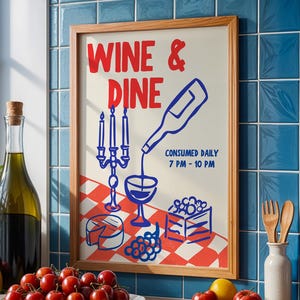 Wine & Dine Retro Food Print, Vintage Wine Poster, Mid Century Modern, Dinner Party Decor, Wine Lover Gift, Wine and Cheese Poster, DIGITAL