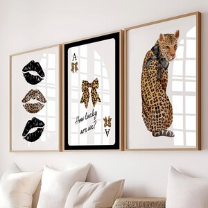 Leopard Wall Art Set of 3, Bow Ace Card Poster, How Lucky Are We Print, Trendy Cheetah Kiss Print, Retro Cheetah Wall Art, Girly Dorm Decor