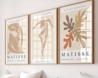 Matisse Print Set of 3, Neutral Wall Art Poster Set, Beige Matisse Prints, Neutral Gallery Wall, 3 Piece Wall Art, Digital Download