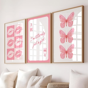 Trendy roze strikken muurkunst set van 3, college appartement decor, aquarel strikken print, coquette kamer decor, girly muurkunst, kus lippen kunst aan de muur