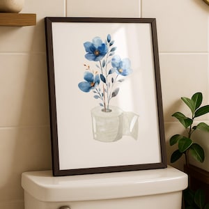 Blue Toilet Paper Roll Plant Print, Funny Bathroom Wall Art, Blue Watercolor Art, Botanical Print Minimalist Wall Art, Toilet Print, DIGITAL