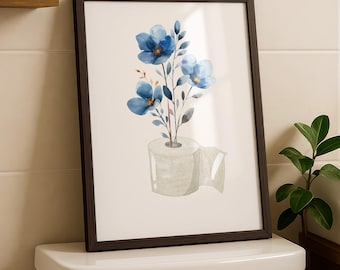 Blue Toilet Paper Roll Plant Print, Funny Bathroom Wall Art, Blue Watercolor Art, Botanical Print Minimalist Wall Art, Toilet Print, DIGITAL