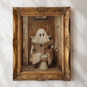 Ghost on Toilet Print, Funny Halloween Bathroom Decor, Halloween DIGITAL Wall Art, Cute Ghost Poster, Ghost Digital Download, Bathroom Print