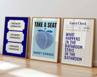 Funny Blue Bathroom Set of 3 Prints Ticket Bathroom Wall Art Trendy Bathroom Prints Sweet Cheeks Poster Bathroom Wall Art Nice Bum DIGITAL