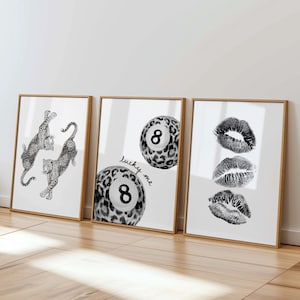 Black White Leopard Wall Art Set, Lucky Me 8 Ball Print, Fashion Lips Poster, Modern Chic Gallery Wall, Minimal Fashion Decor, Trendy Print