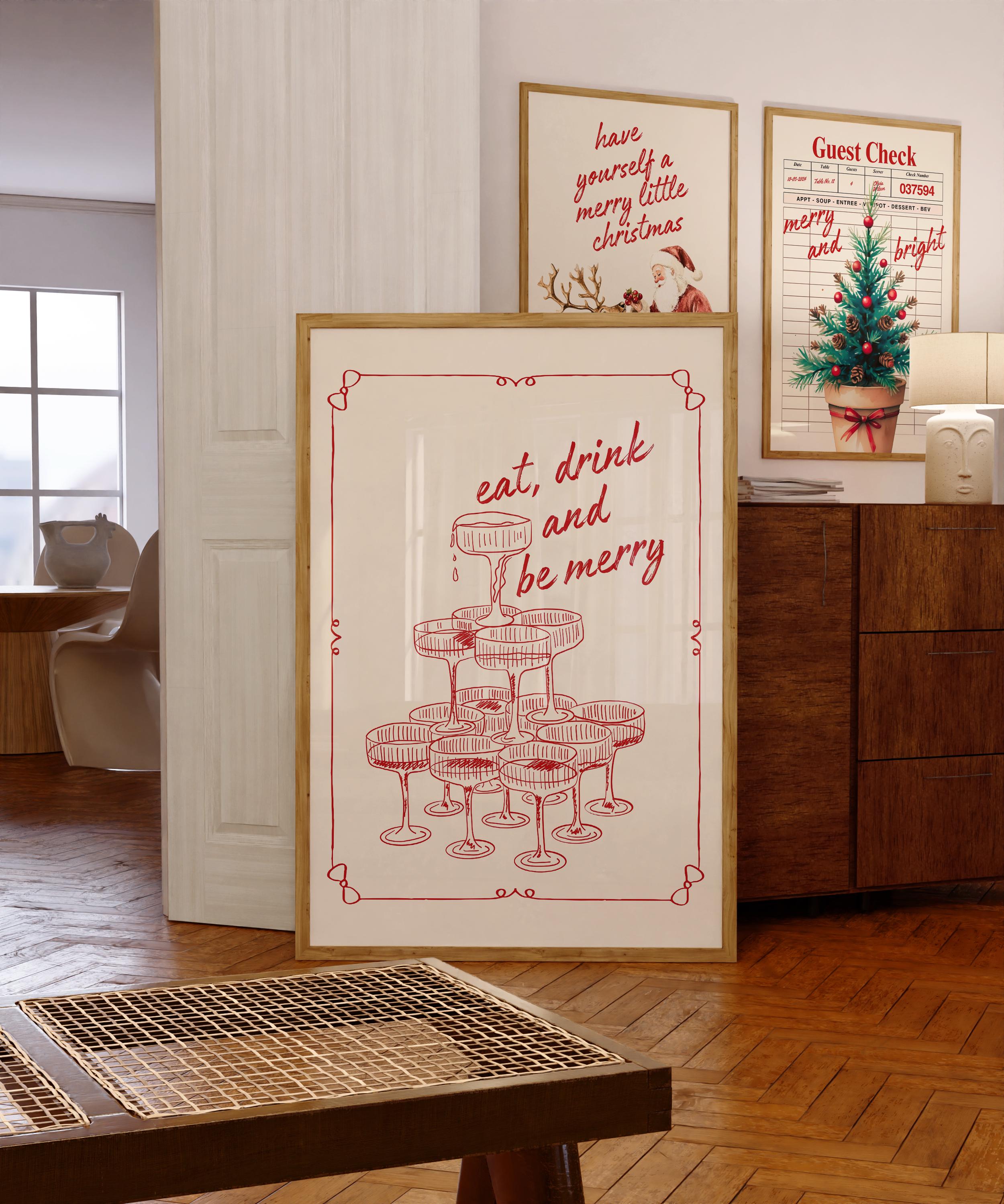 Discover Eat Drink and Be Merry Wall Art, Retro Holiday Poster, Vintage Champagne Tower Print, Christmas Party Decor