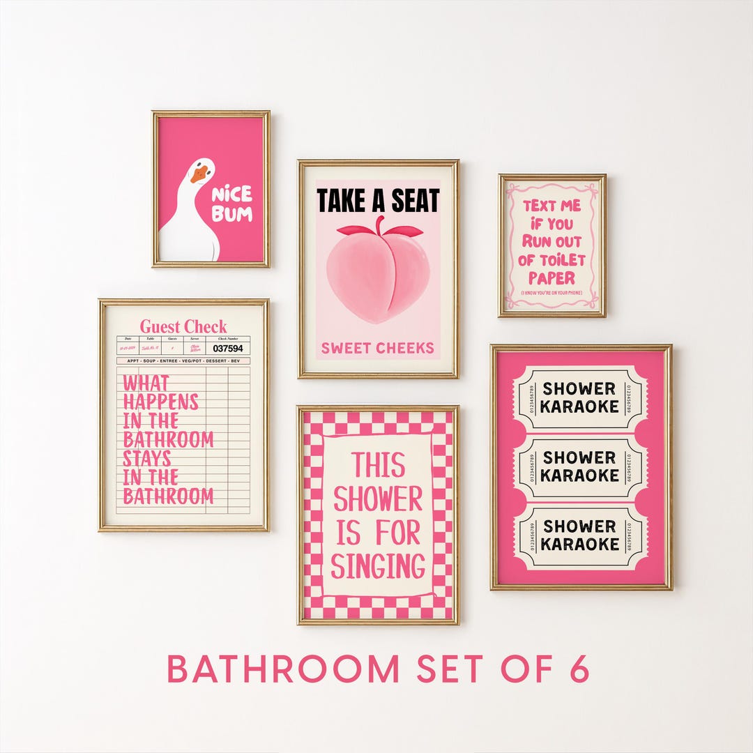 Funny Bathroom Wall Art Set of 6, Pink Restroom Prints, Quirky Toilet ...