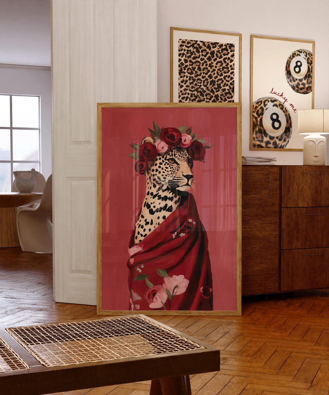 Leopard Wall Art Print, Fashion Animal Portrait, Red Floral Crown ...