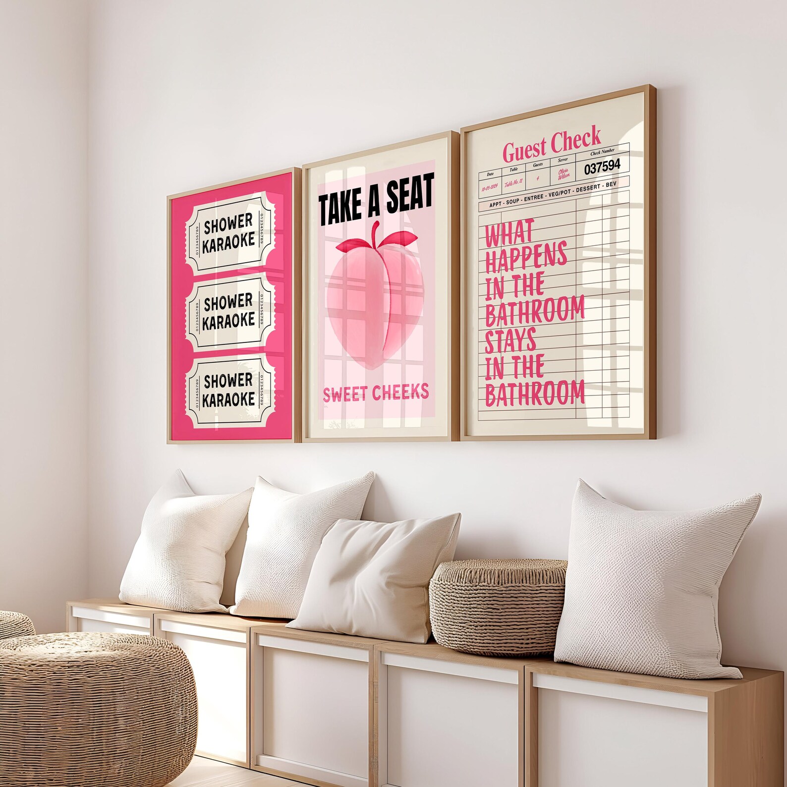 Funny Pink Bathroom Set of 3 Prints Ticket Bathroom Wall Art Trendy ...