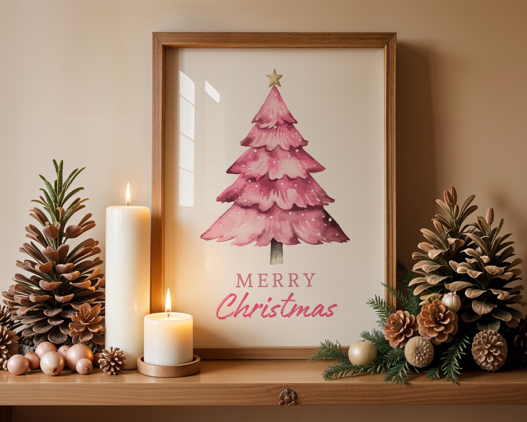 Discover Pink Christmas Tree Wall Art - Holiday Watercolor Poster, Festive Modern Decor