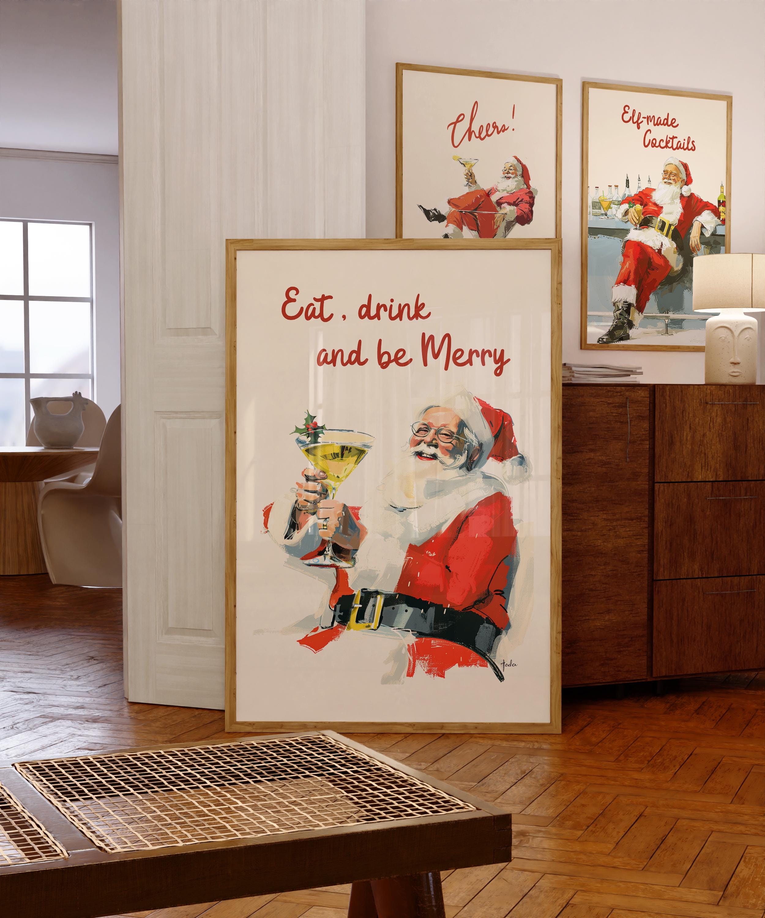 Discover Eat Drink and Be Merry Vertical Poster, Vintage Santa Claus Christmas Wall Art, Holiday Decor, Festive Gift
