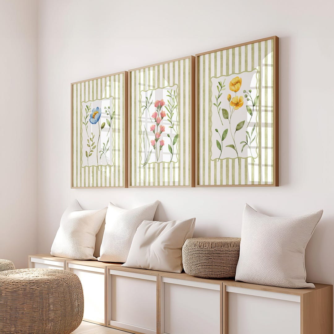 Spring Green Floral Wall Art Set of 3 Printable, Sage Botanical Flower ...