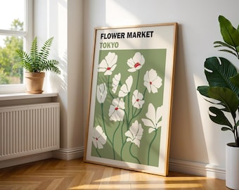 Flower Market Print Tokyo, Sage Green Retro Floral Digital Print, Digital Download, Matisse Print, Matisse Cut Out Poster, Floral Poster