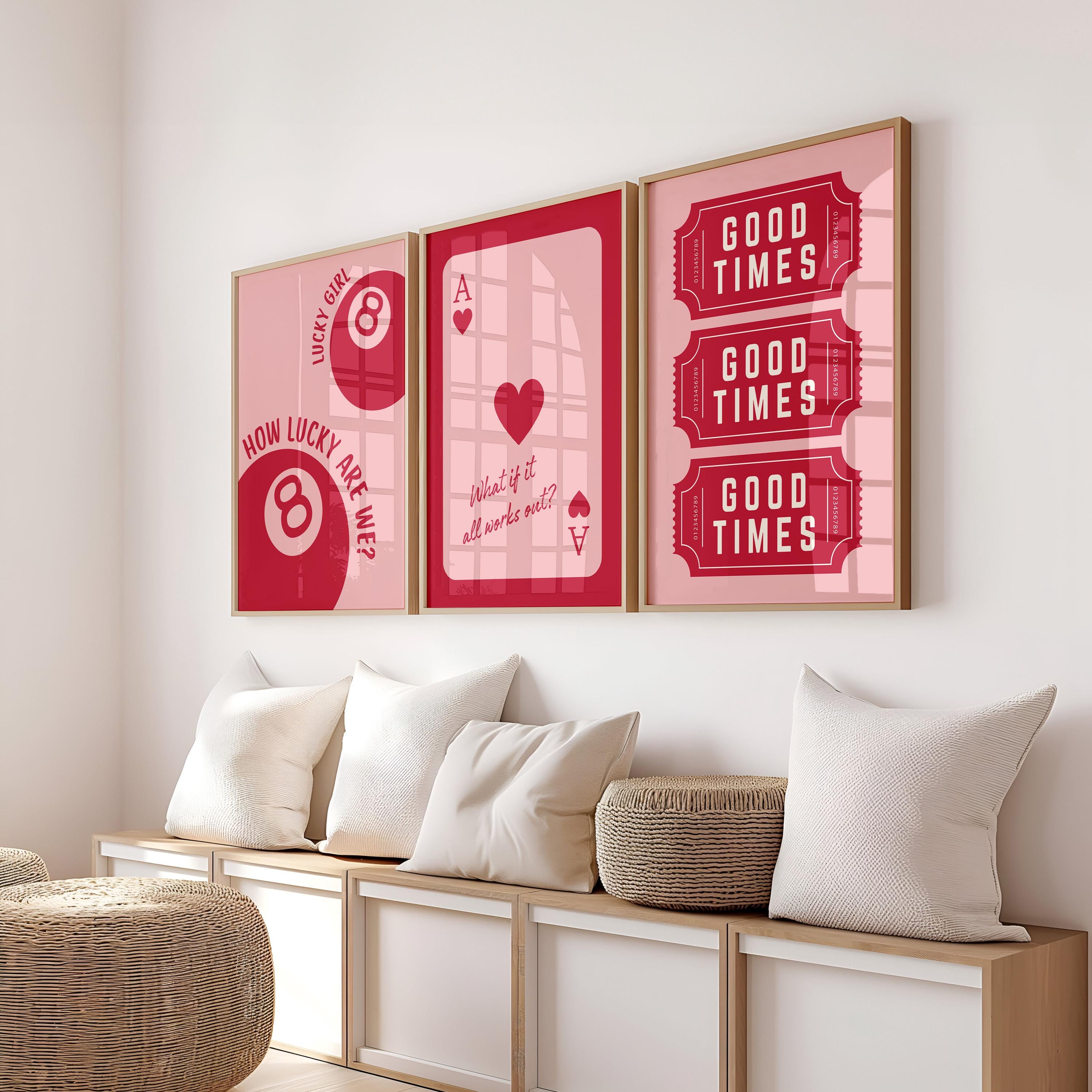Set of 3 Pink Preppy Coquette Wall Art Prints, Dorm Retro 8 ball print, Decor Playing Card Good Times Ticket Stub, DIGITAL DOWNLOAD Prints