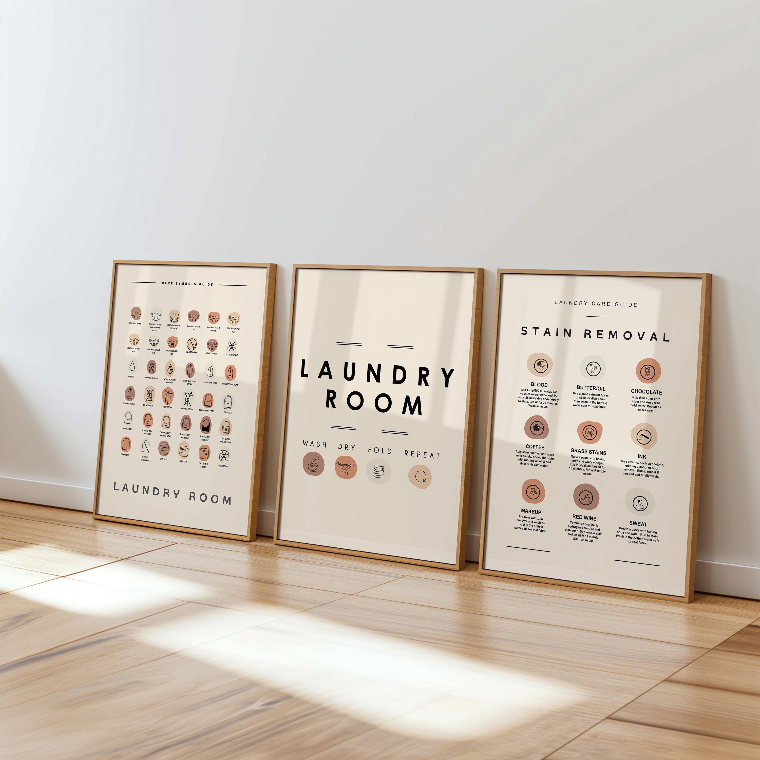 Laundry Room Sign Set of 3 Print Laundry Printable Laundry wall art Laundry Care Guide, Laundry Symbol Home Organization Digital Download