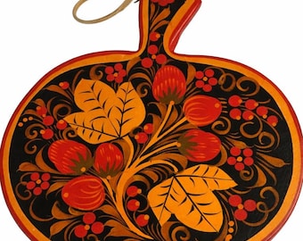 Vintage Folk Art Wooden Cutting Board Wall Hanging, Khokhloma Style Floral Decor, Russian Style Kitchen Wall Art, Red Black Gold apple
