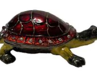 Turtle Tortoise Shaped Hinged Trinket Box Enamel Metal wrap with Rhinestones