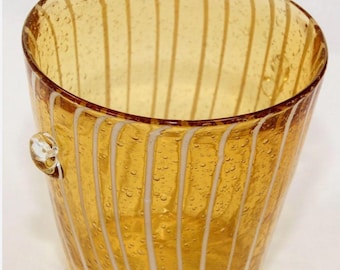 Cubitera de cristal veneciano Murano Venini italiano, color ámbar y blanco, estilo vintage.