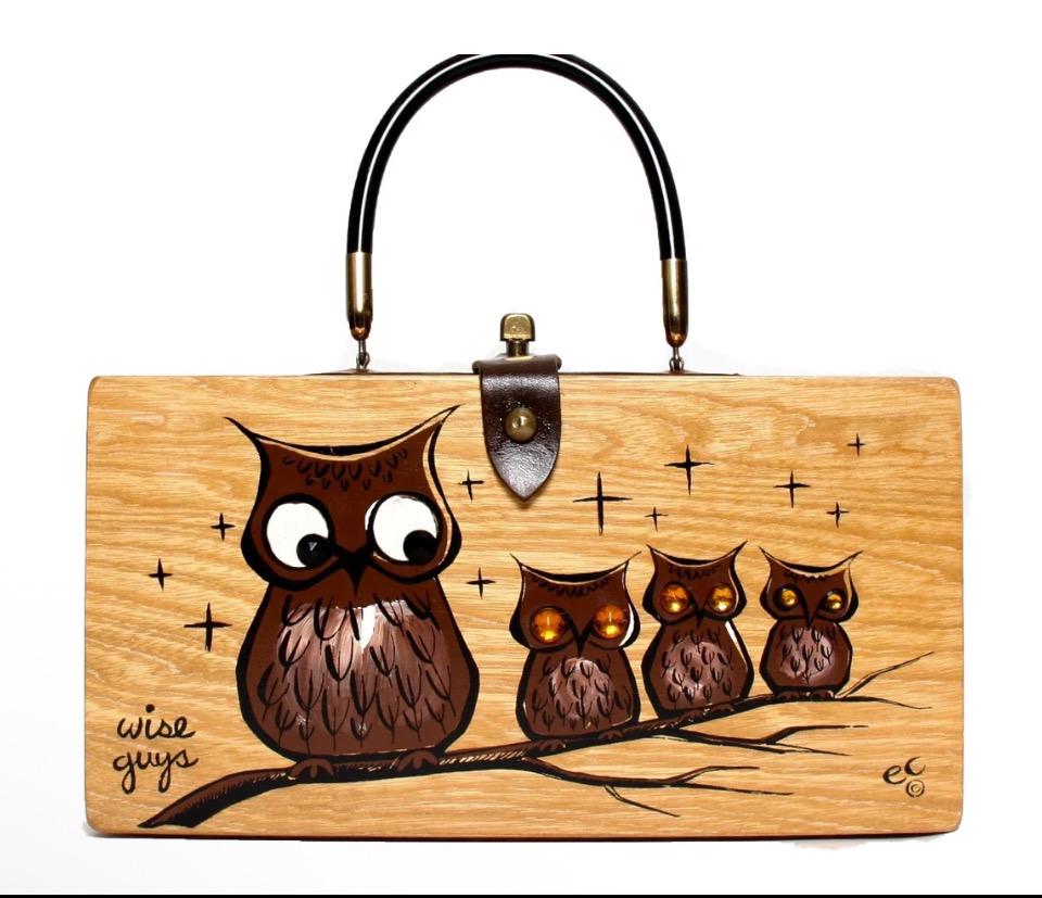 Vintage Enid Collins Wise Guys Wooden Box Bag Purse 1960s Owls 