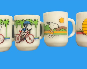Vintage Peanuts c1958 (see photos) Fire King Stacking Mugs, Milk Glass 3 styles - free shipping in continental USA