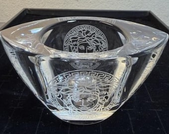 Luxury Decor Versace Rosenthal Medusa Lumiere Crystal Bowl Clear Glass Luxury Italy Decor  Greek Key Signed