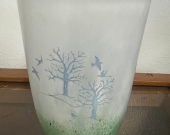 Vintage Kosta Boda blue birds & trees small glass vase