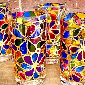 Rare MCM George Briard Rainbow and Gold Highball Glasses 4 floral glasses