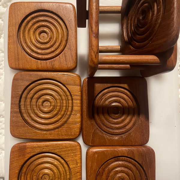 7 piece Mod teakwood coasters with caddy