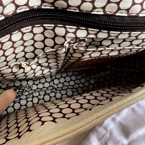 Peut inclure: L'int&eacute;rieur d'un sac &agrave; main en cuir blanc avec une doublure &agrave; pois blancs et bruns. Le sac a une fermeture &agrave; glissi&egrave;re et plusieurs poches.