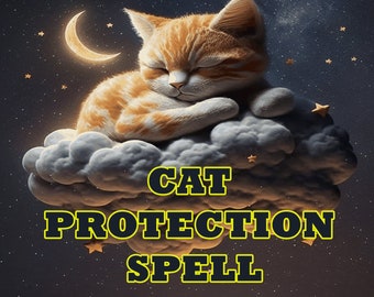 May include: A digital illustration of a sleeping orange tabby cat on a cloud in a starry night sky. The text "CAT PROTECTION SPELL" is written below the cat.
