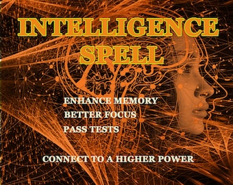 May include: Orange and black digital art image with a stylised human head and the text "Intelligence Spell" in yellow. The text "Enhance Memory, Better Focus, Pass Tests, Connect to a Higher Power" is also included in yellow.