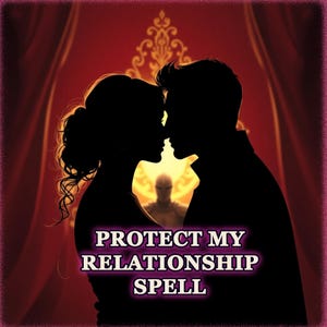 Könnte beinhalten: Silhouette eines Paares, das sich vor einem roten Vorhang küsst, mit dem Text "PROTECT MY RELATIONSHIP SPELL" in Lila.