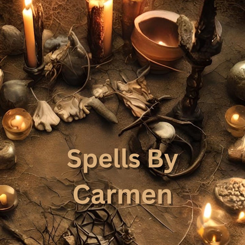 Puede incluir: Un fondo marr&oacute;n oscuro y r&uacute;stico con velas, un cuenco y otros objetos. El texto "Spells By Carmen" est&aacute; escrito en una fuente marr&oacute;n claro.