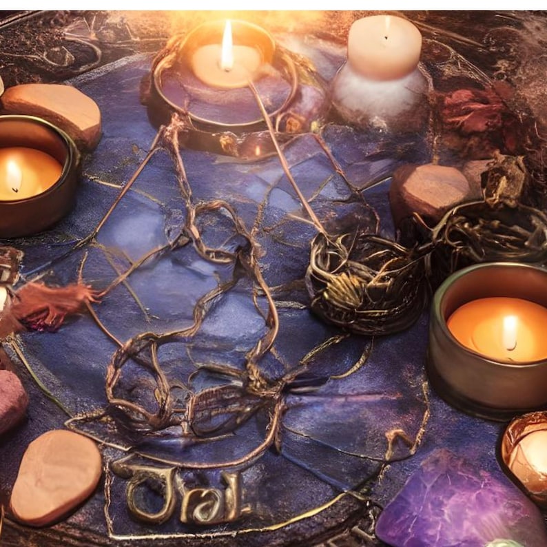 Puede incluir: Una superficie circular de color p&uacute;rpura y dorado con una inscripci&oacute;n dorada "Jral" en el centro. Hay cuatro velas, tres de las cuales est&aacute;n encendidas, y varias piedras y cristales esparcidos por la superficie.