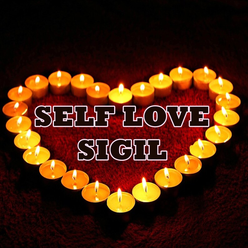 May include: A heart shape made of lit tea lights with the words "SELF LOVE SIGIL" in the center.