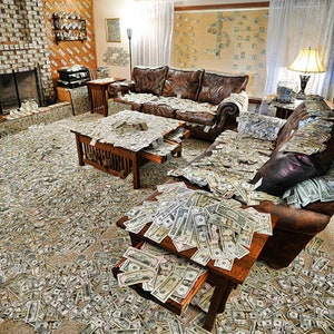May include: A living room with a couch, coffee table, and end table covered in US dollar bills. The walls are also covered in dollar bills.