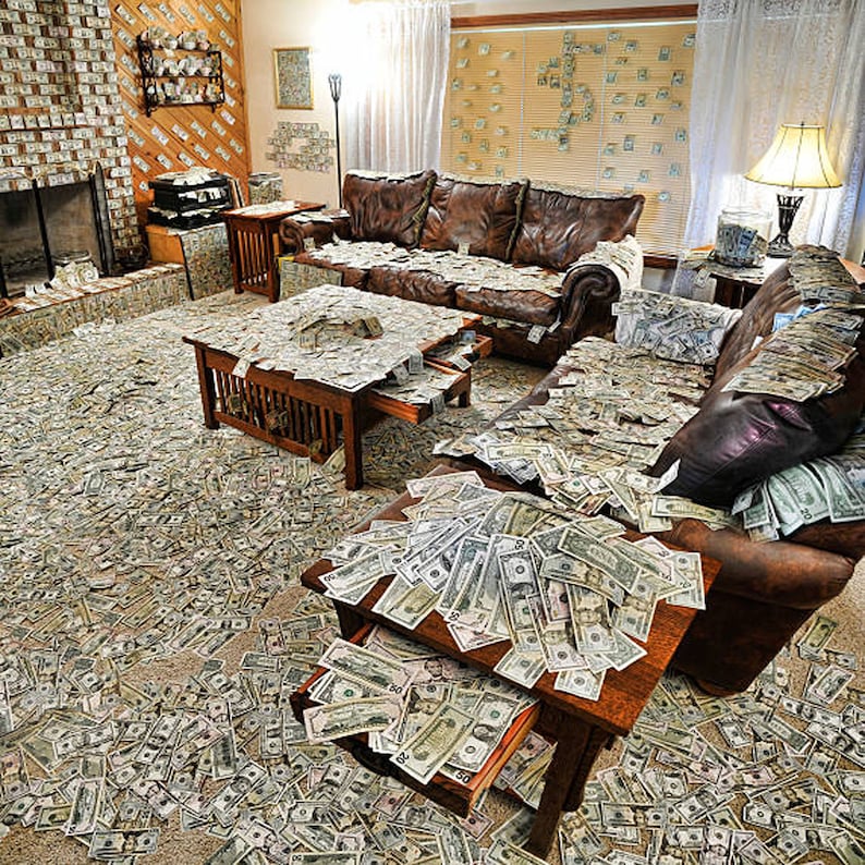 May include: A living room with a couch, coffee table, and end table covered in US dollar bills. The walls are also covered in dollar bills.