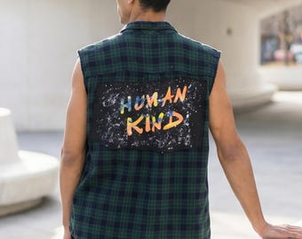 Human Kind Upcycled Vintage Bass Flannel Shirt Vest- Unisex Large
