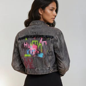 Bald Eagle "Human Kind" återvunnen Levi's® svart denimkort jacka - Dam Medium