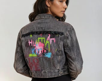 Bald Adler "Human Kind" Upcycled Levi's® Schwarze Denim Crop Jacke - Damen Medium