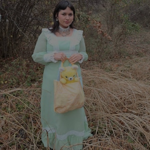 Könnte beinhalten: Eine Frau in einem hellgrünen Maxikleid mit weißen Spitzenbesatz, die einen gelben Teddybär in einer gelben und weißen Tragetasche hält. Sie steht auf einem Feld mit hohem Gras.