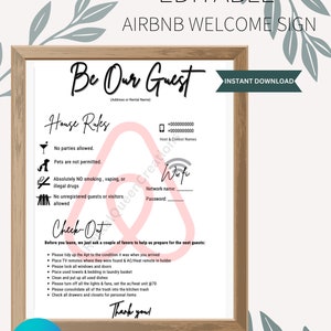 Szablon znaku powitalnego Airbnb na 1 stronę | Przewodnik powitalny dla osób wynajmujących krótkoterminowo | Instrukcja wymeldowania z Airbnb | Zasady domu | Szablon znaku Airbnb