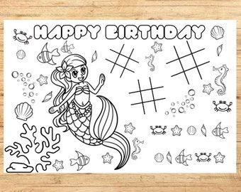Mermaid Birthday Party Placemat Activity Sheet | Under the Sea Birthday Favor Coloring Printable for Kids Party